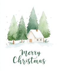 Fototapeta premium Charming Winter Scene Featuring a Quaint House and Evergreen Trees Embellished with Snowflakes, Capturing the Joy of the Holiday Season