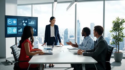 Multiracial team having a business meeting in a conference room. Asian manager presenting financial data on a digital screen - Powered by Adobe