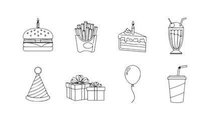 Hand drawn celebration food drinks and party items collection simple sketch art vector