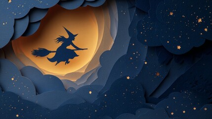 Paper Cut Witch Flying Across Glowing Moon