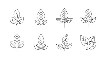 Set of eight hand-drawn leaf line art designs with subtle green wash accents vector