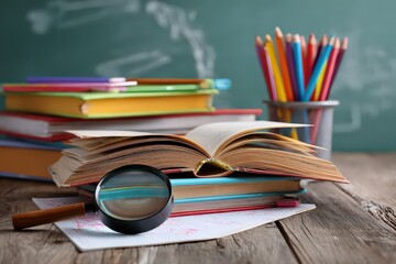 Stack Of Books And Colored Pencils On Wooden Table With Magnifying Glass And Open Book