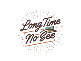 A vintage-style logo design featuring the phrase "Long Time No See" with radiating lines and a small book illustration.