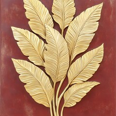 Golden Leaf Carving Red Background Wall Art Decor
