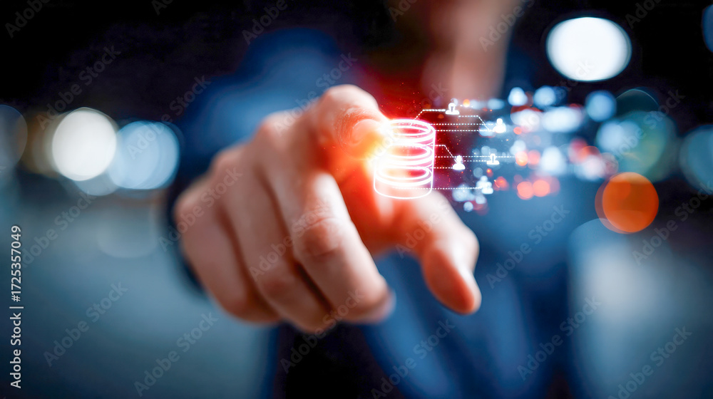 Poster a hand interacts with a glowing digital database icon, representing cloud storage and data managemen