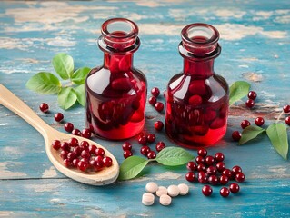 Lingonberry Extract Bottles Pills Wooden Spoon Natural Medicine