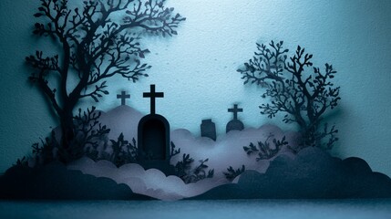 Paper Cut Grave with Cross Headstone and Mist