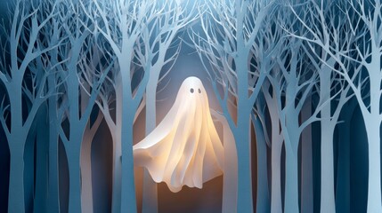 Paper Cut Ghost Floating in Forest of Bare Trees