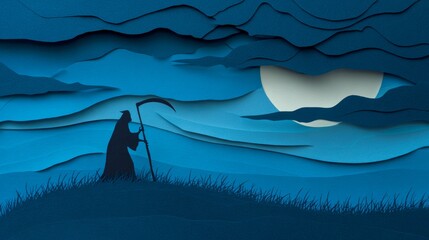 Paper Cut Grim Reaper with Scythe on Hill