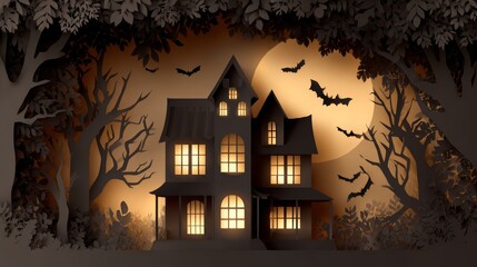 Paper Cut Haunted House with Glowing Windows and Bats