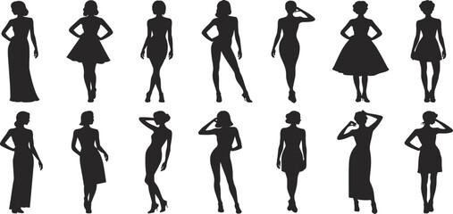 Fashion silhouettes, women in dresses, style icons, runway poses, couture design, elegant figures, lifestyle art, clothing outline, vector illustration
