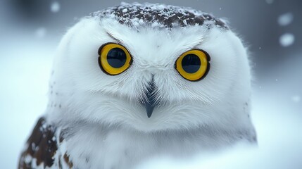 Majestic Snowy Owl with Striking Yellow Eyes, Captured in a Beautiful Winter Wonderland Scene