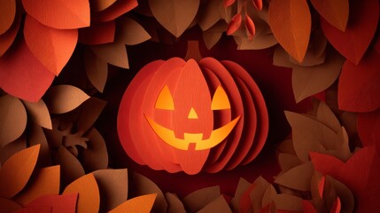 Paper Cut Jack-o’-Lantern with Autumn Leaves and Glow