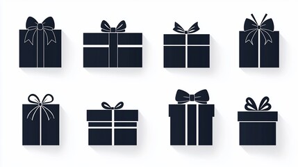 Eight stylized gift box icons with bows