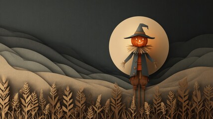 Paper Cut Scarecrow with Glowing Pumpkin Head in Cornfield