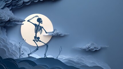 Paper Cut Skeleton Dancing under Moonlight, Playful and Eerie