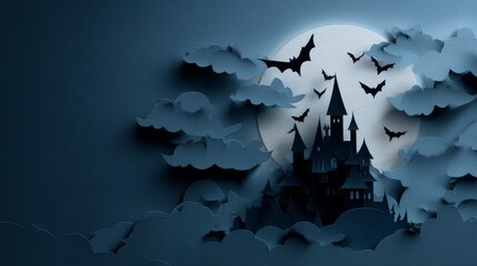Paper Cut Bats Flying over Gothic Castle in Moonlight