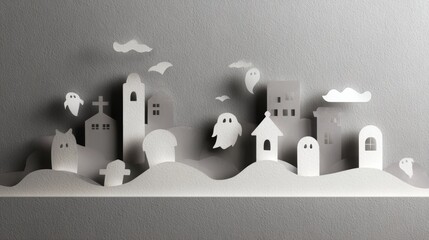 Paper Cut Spooky Graveyard with Ghosts and Tombstones
