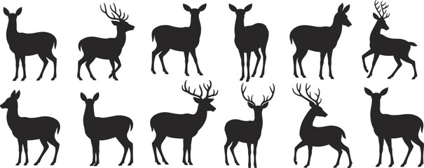 Deer silhouettes, stag icons, forest animals, antler shapes, doe outlines, wildlife design, woodland art, hunting symbol, nature vector, illustration