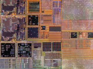 macro photography of semiconductor chip circuit with colorful reflection