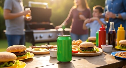 Family enjoying a summer backyard barbecue party with food on the table.