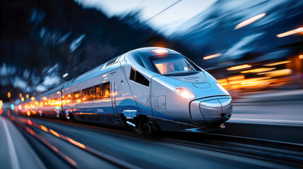 A sleek high-speed train races through a brightly lit station with motion blur emphasizing its speed