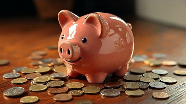 A classic pink ceramic piggy bank sits on a wooden table, surrounded by a scattered collection of coins.