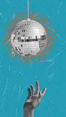 Art collage, Hand reaching for a disco ball against a vibrant blue and orange background
