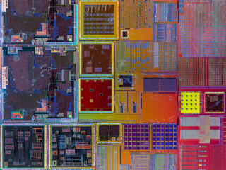 macro photography of semiconductor chip circuit with colorful reflection