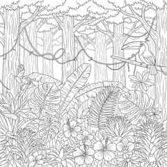 Tropical jungle coloring page. Detailed rainforest scene illustration. A toucan in a jungle with large leaves, plants, vines, and flowers. Perfect activity sheet for kids.