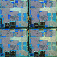 macro photography of semiconductor chip circuit with colorful reflection