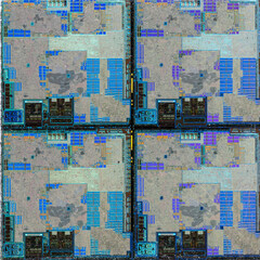 macro photography of semiconductor chip circuit with colorful reflection