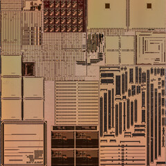 macro photography of semiconductor chip circuit with colorful reflection