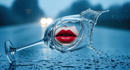 Surreal Lips Appear in Shattering Water Filled Wine Glass on Rainy Road