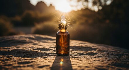 Amber glass bottle with dropper catching golden sunlight