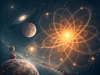 Glowing Atom Model Orbiting Planets