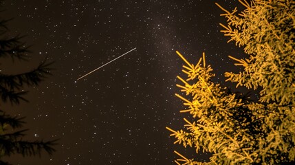 Night Sky Astrophotography: Shooting Star Over Pine Trees