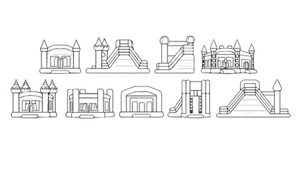 Set of outline cartoon castle bounce house inflatable toy designs for kids fun playtime vector