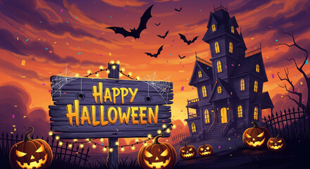 Happy Halloween haunted house poster with festive spooky elements