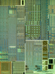 macro photography of semiconductor chip circuit with colorful reflection
