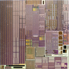 macro photography of semiconductor chip circuit with colorful reflection