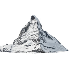 Majestic pristine snow-capped mountain peak with elegant rugged rock formations, intricate details, fresh snow, clean architectural aesthetic, isolated on transparent background, product photography