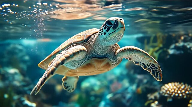 A beautiful sea turtle swims gracefully underwater, showcasing its shell and flippers in a vibrant aquatic environment.