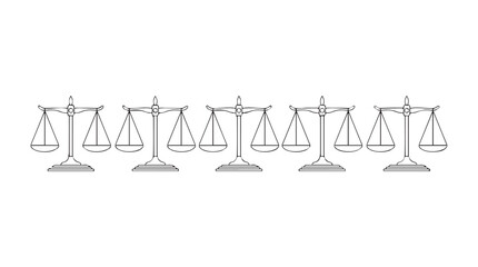 Five justice scales symbolizing law fairness equity and legal judgment vector