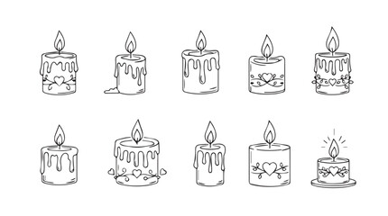 Collection of hand-drawn sketch style candles burning brightly for festive celebrations and ambiance vector