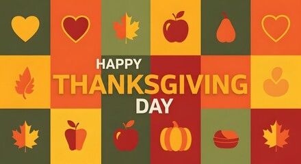 Happy thanksgiving day greeting with autumn leaves, pumpkins, apples, and pears on a colorful background