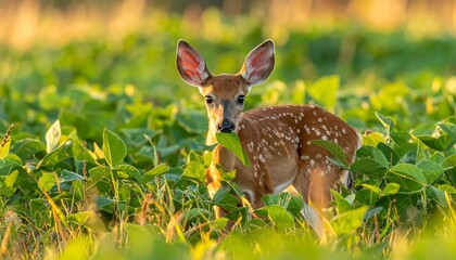 Obraz premium A young spotted deer fawn stands in a field of green plants, illuminated by the warm glow of the setting sun