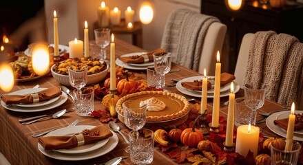 Thanksgiving dinner table with pumpkin pie centerpiece, candles and in festive styling cozy atmosphere