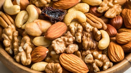 Closeup Mixed Nuts and Raisins in Wooden Bowl Healthy Snack Food