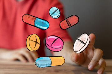 Hand interacting with floating pills, healthcare, medicine, treatment, pharmacy, drugs, wellness, health, cure, recovery, medical, capsule